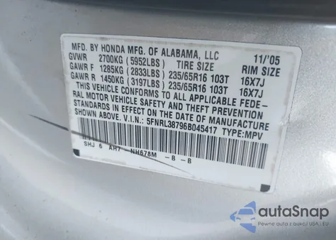 2006 Honda Odyssey Ex-L z USA, uszkodzony, nr VIN 5FNRL38796B045417